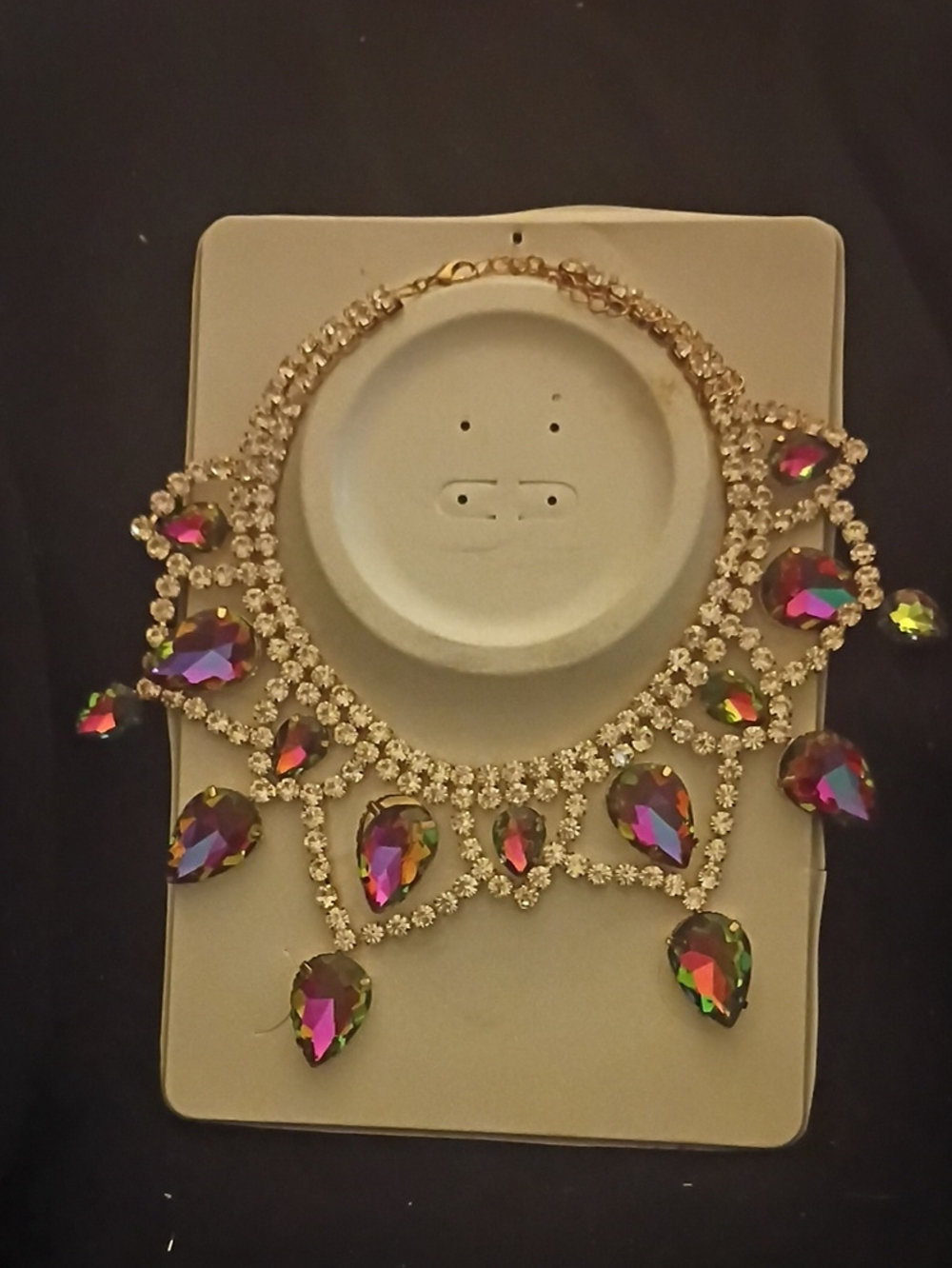 Statement Crystal Bib Necklace with Aurora Borealis Teardrops